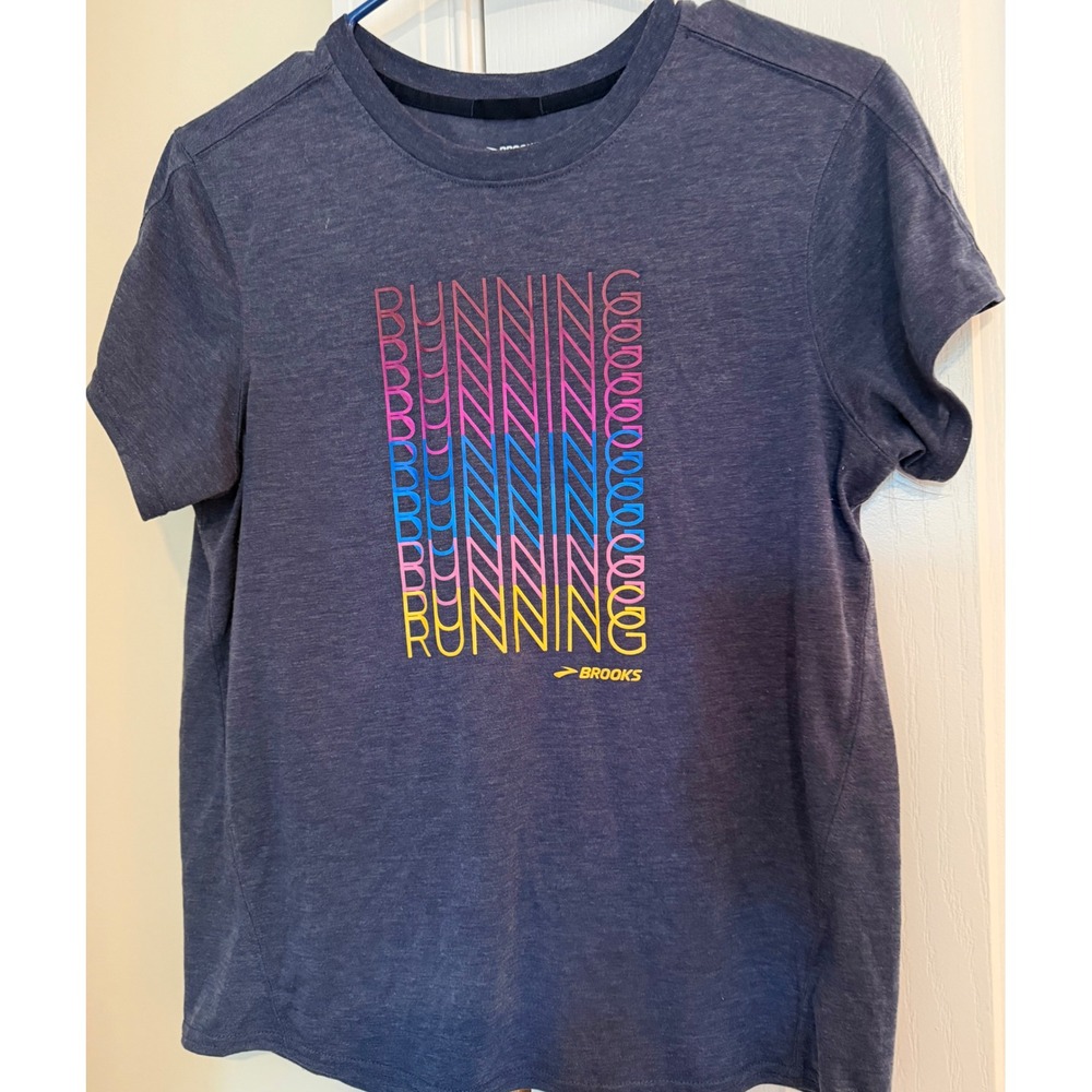 Brooks Women Running Graphic Tee Shirt Navy Blue Heather Short Sleeve Large
